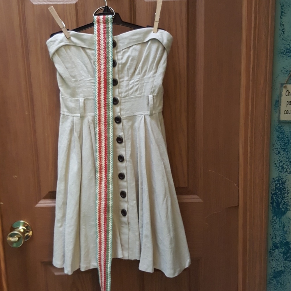 Strapless, button down, belted mini dress